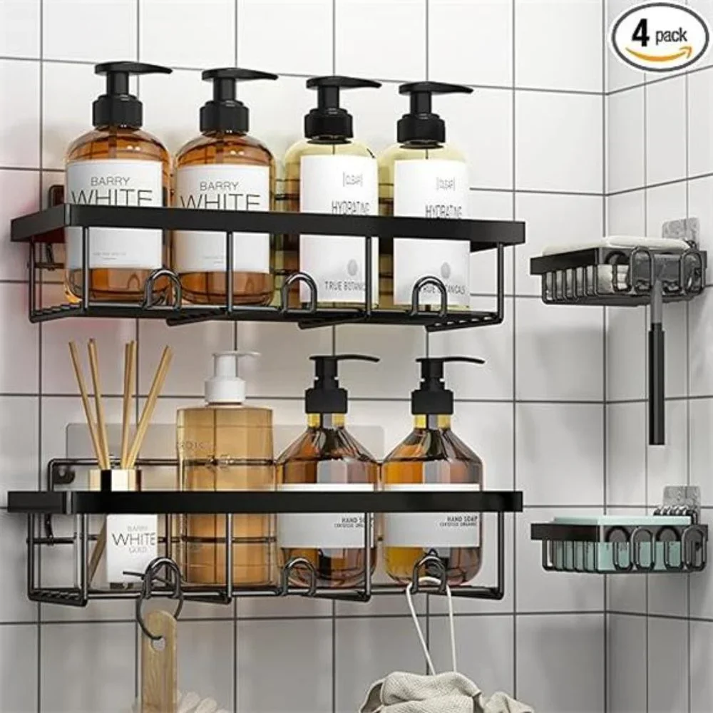 4 Pack Shower Caddy Organizer, Stainless Steel Shower Shelf with Hooks, Adhesive